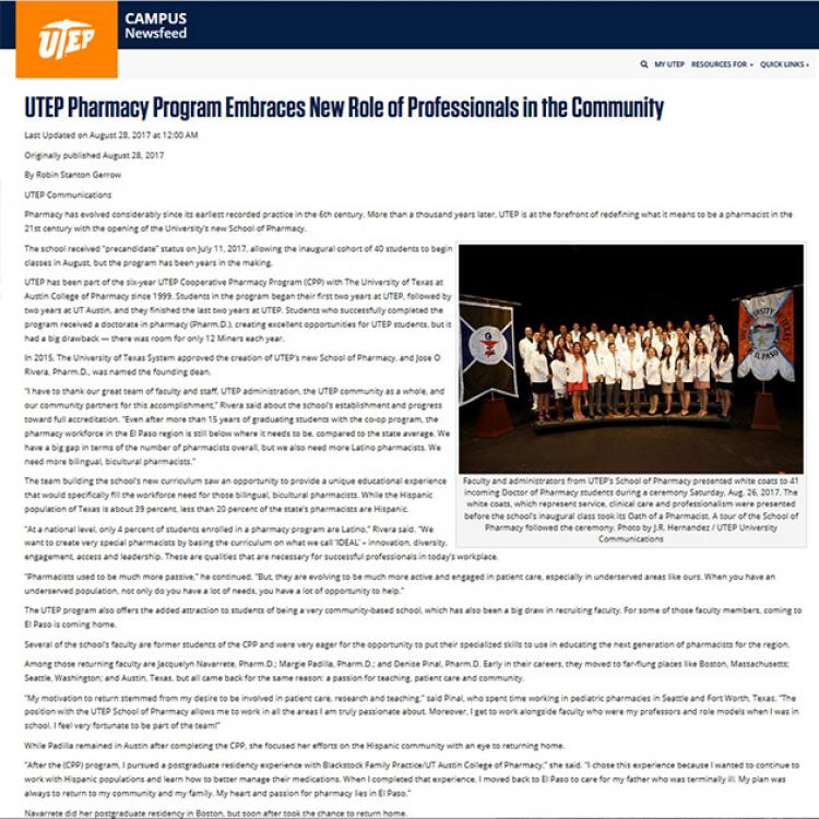 UTEP Pharmacy Program Embraces New Role of Professionals in the Community article